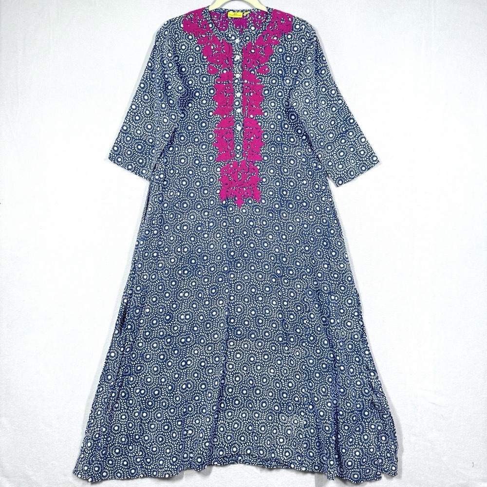 Roller Rabbit Dress Womens Small Naolin Inez‎ Embroidered Maxi Slit Lightweight